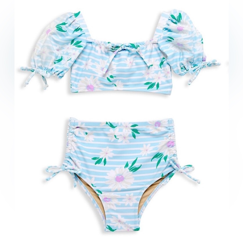 Shade Critters Girl's High Waist Cinched Bikini, Light Blue Daisy Stripe - 3T
